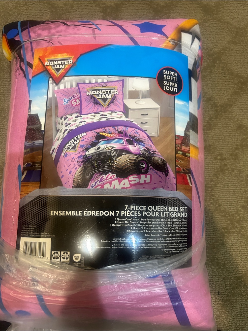 Monster Jam Pink 'Sparkle Smash' 7-Piece Queen Comforter Set